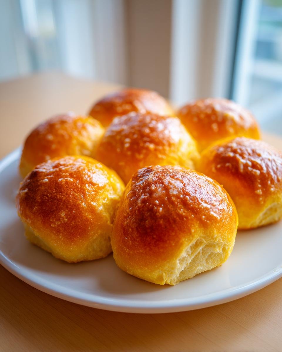 A close-up of several golden brown, shiny Sweet Potato Rolls arranged on a white plate.
