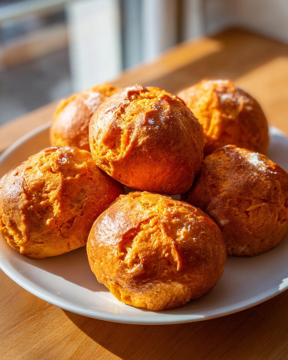 A plate piled high with freshly baked, golden orange Sweet Potato Rolls, catching the sunlight.