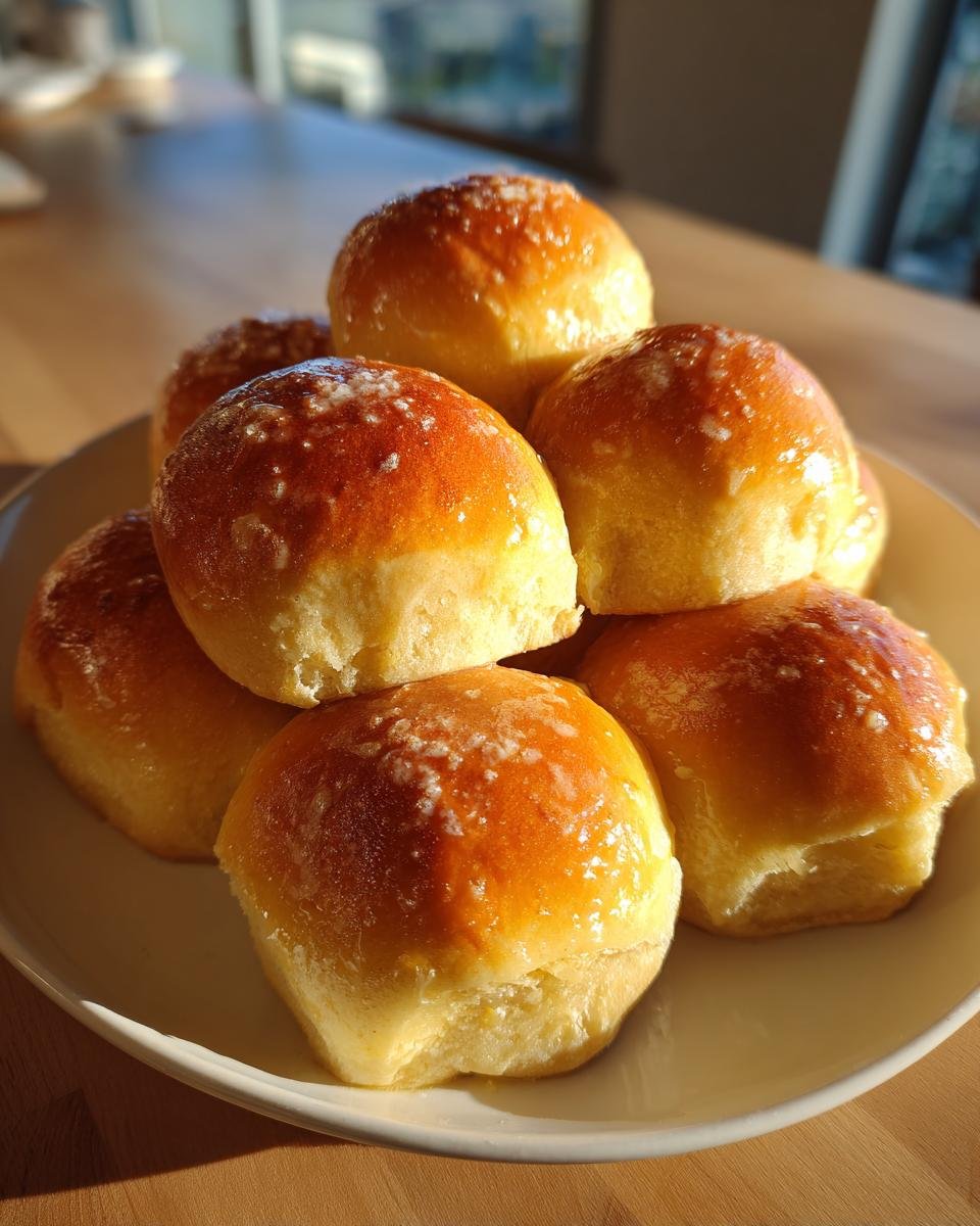 A stack of golden brown, freshly baked Sweet Potato Rolls glistening with a light glaze, resting on a white plate.
