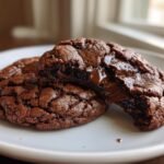Two rich, dark Double Chocolate Chip Cookies on a white plate, one broken to show melted chocolate center.