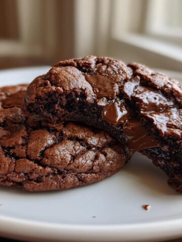 Two rich, dark Double Chocolate Chip Cookies on a white plate, one broken to show melted chocolate center.
