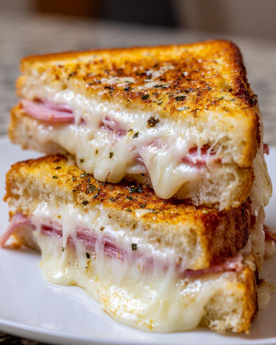 Close-up of a perfectly grilled Ham And Cheese Sandwich cut in half, showing gooey melted cheese oozing out.