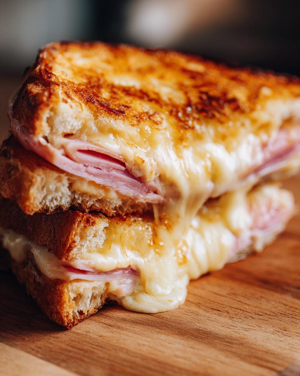 Close-up of a perfectly grilled Ham And Cheese Sandwich cut in half, showing melted cheese oozing out.