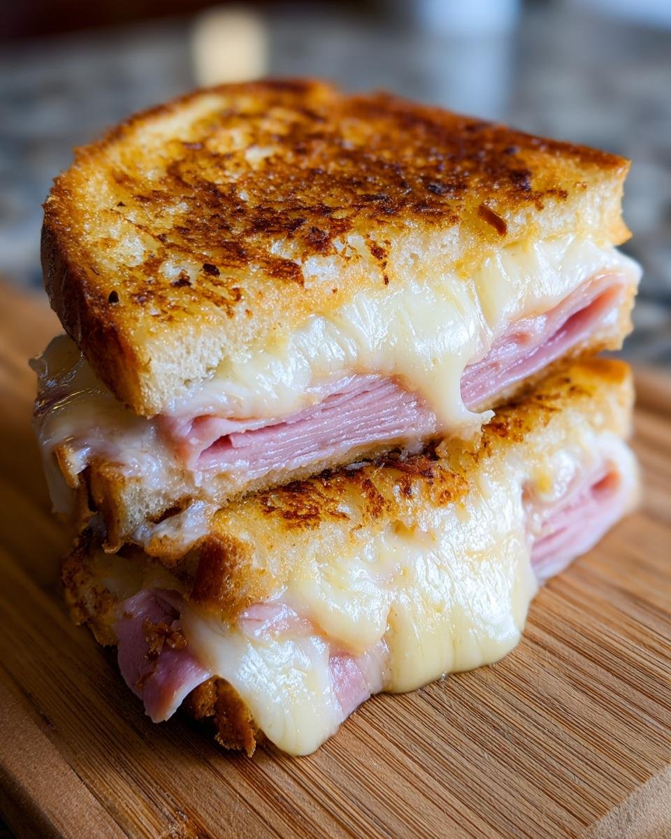 Close-up of a perfectly grilled Ham And Cheese Sandwich cut in half, showing melted cheese oozing out.