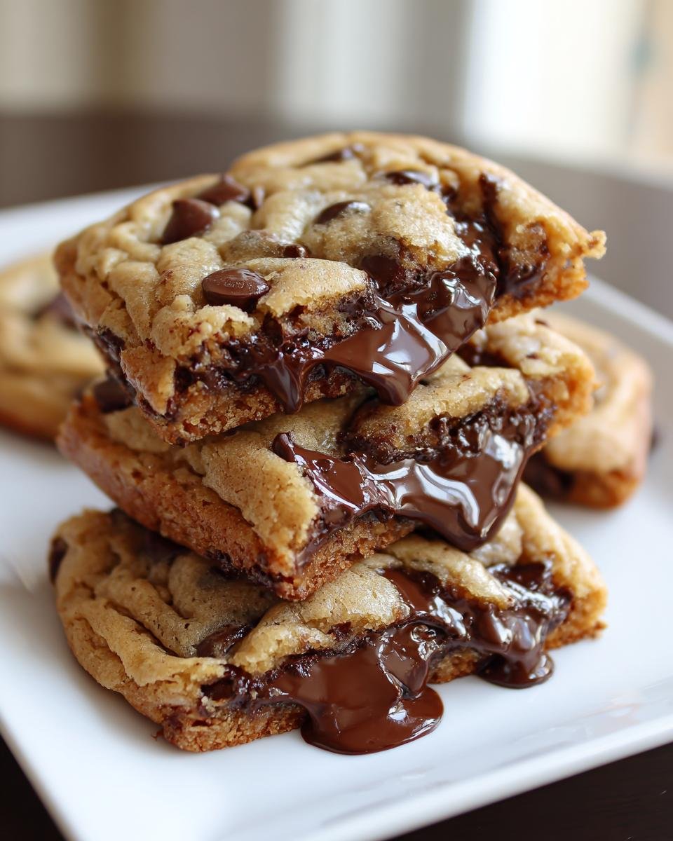 A stack of three gooey Sheet Pan Chocolate Chip Cookies squares with melted chocolate oozing out.