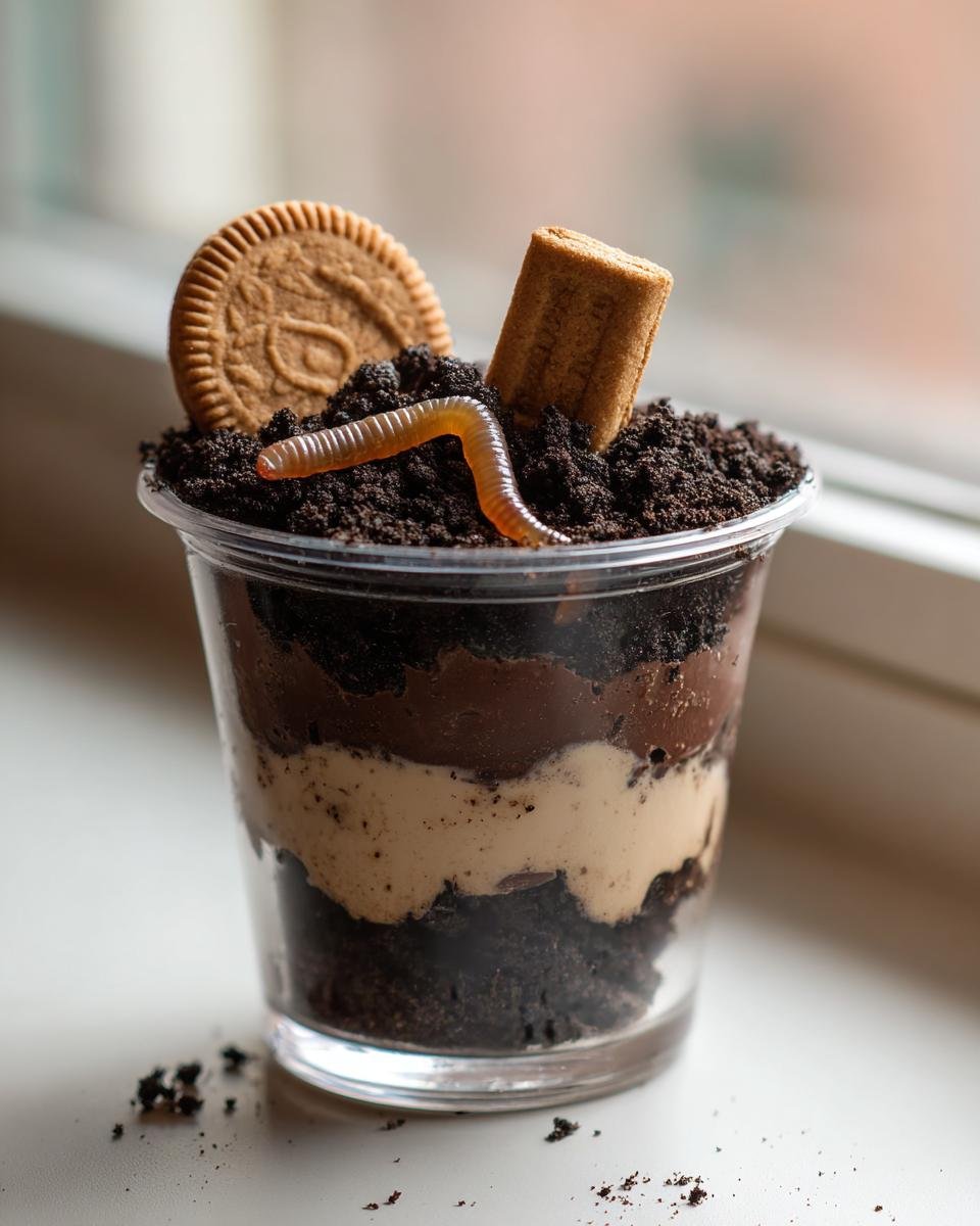A single serving Graveyard Dirt Cake layered in a clear cup, topped with crushed cookies and a gummy worm.