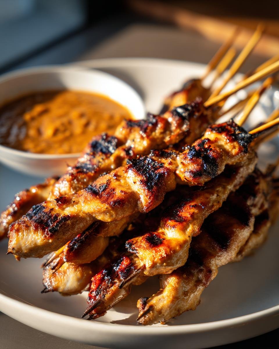 Close-up of perfectly grilled Chicken Satay With Peanut Sauce skewers stacked on a white plate.
