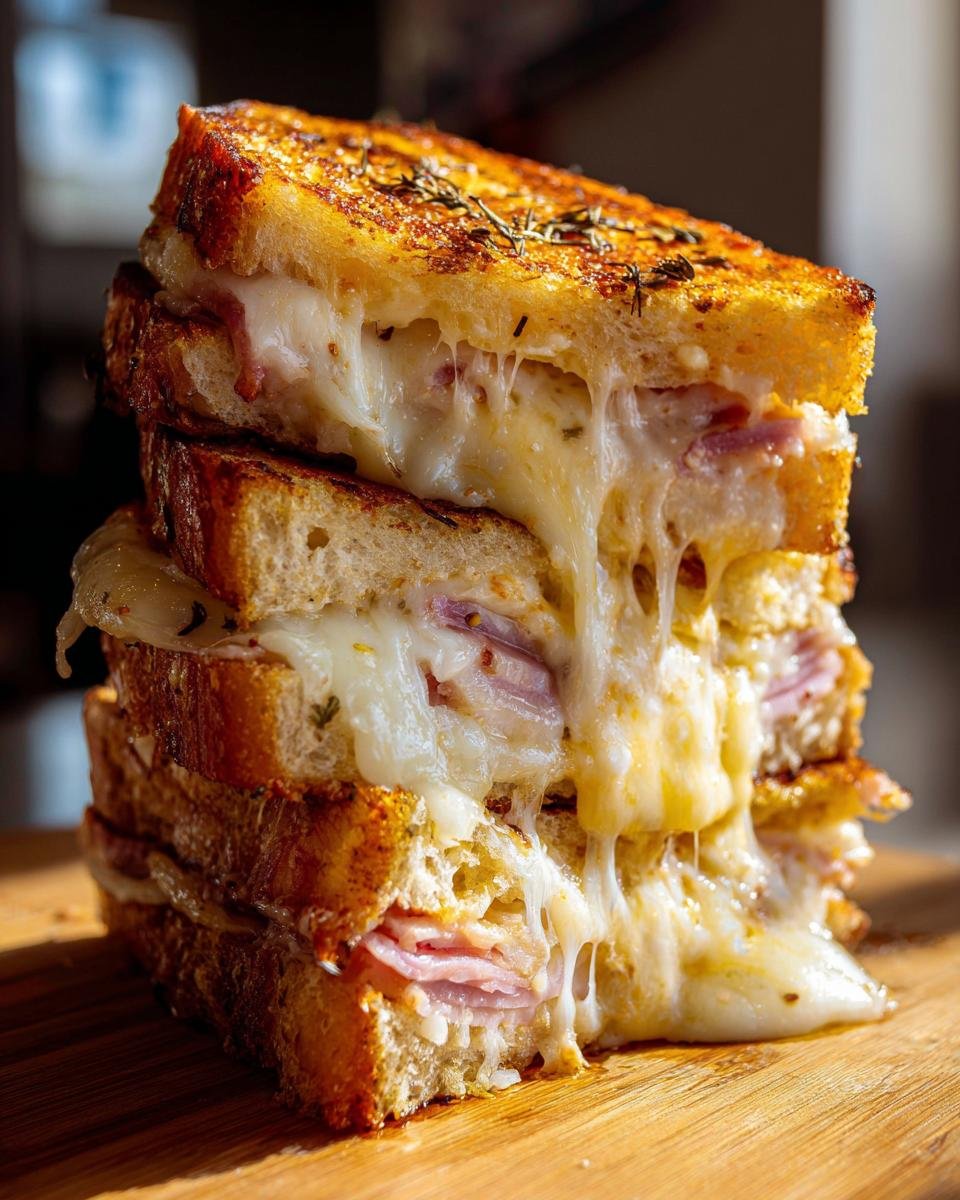 Close-up of a tall stack of a Grilled Ham And Cheese Sandwich with extreme cheese pull and golden toasted bread.