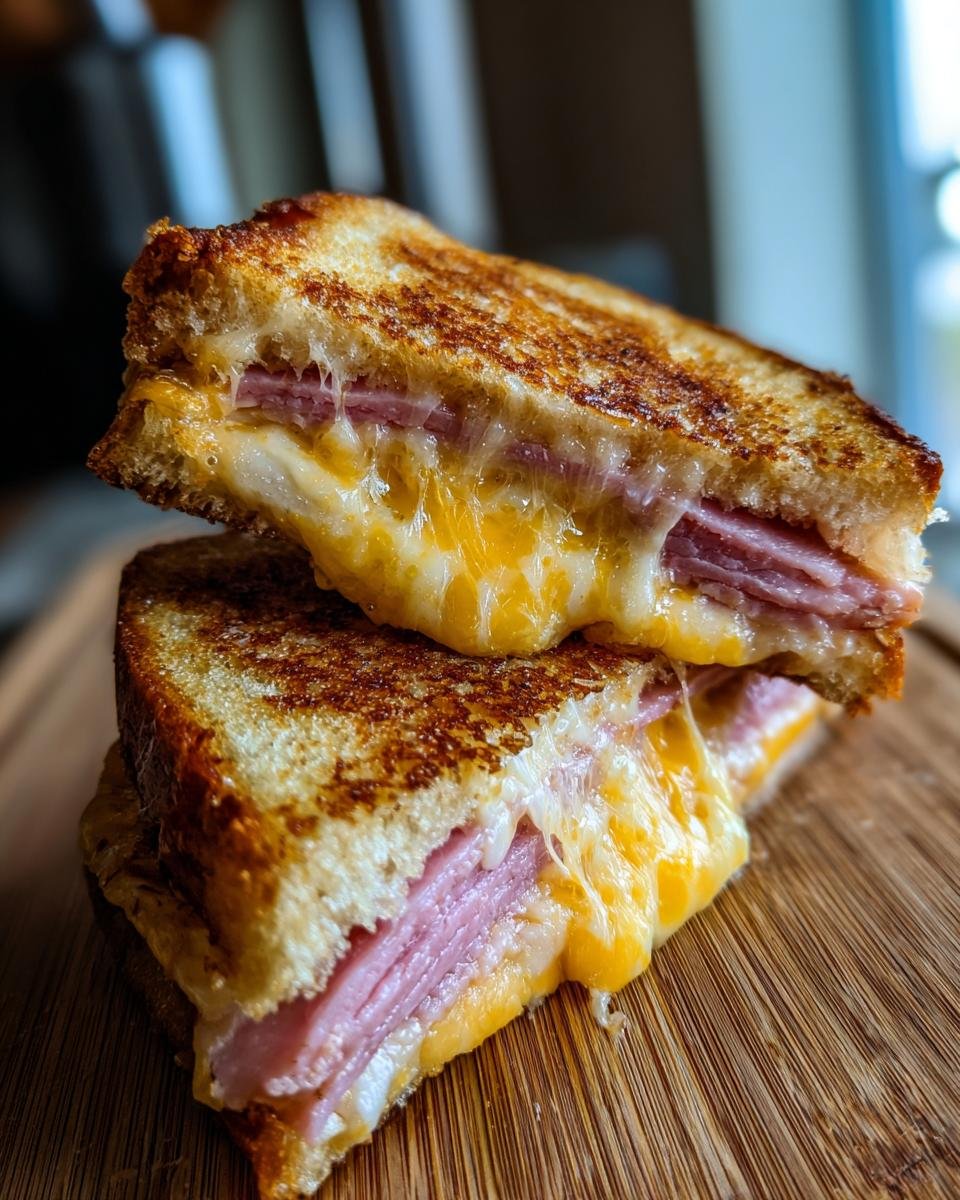 Close-up of a perfectly grilled ham and cheese sandwich cut in half, showing gooey, melted cheese.