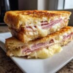 Close-up of a perfectly grilled ham and cheese sandwich cut in half, showing gooey, melted cheese strings.