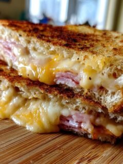 Close-up of a perfectly grilled ham and cheese sandwich cut in half, showing gooey melted cheese oozing out.