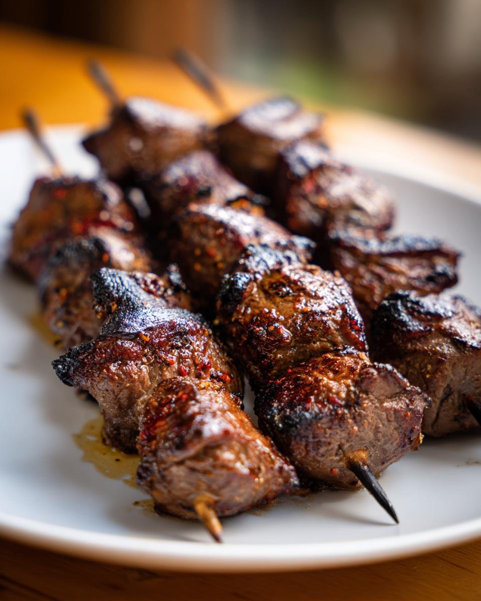 Close-up of several skewers loaded with perfectly grilled, caramelized chunks of seasoned meat, served on a white plate.