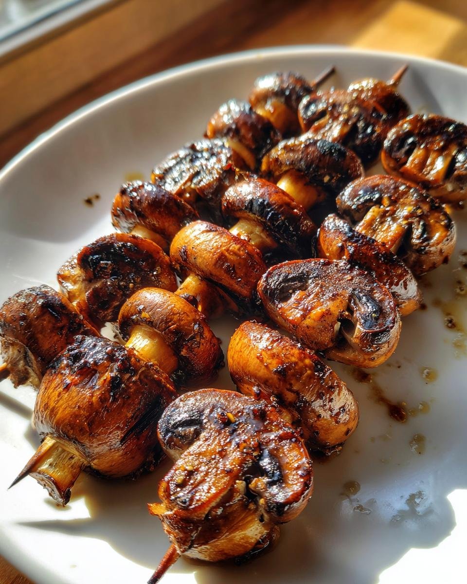 Close-up of several savory Grilled Mushroom Skewers, glistening with marinade, resting on a white plate.