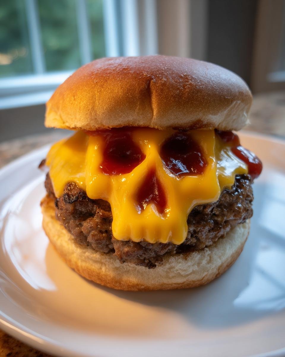 A single Halloween Cheeseburger Skull featuring melted cheese shaped like a skull with ketchup eyes and nose.
