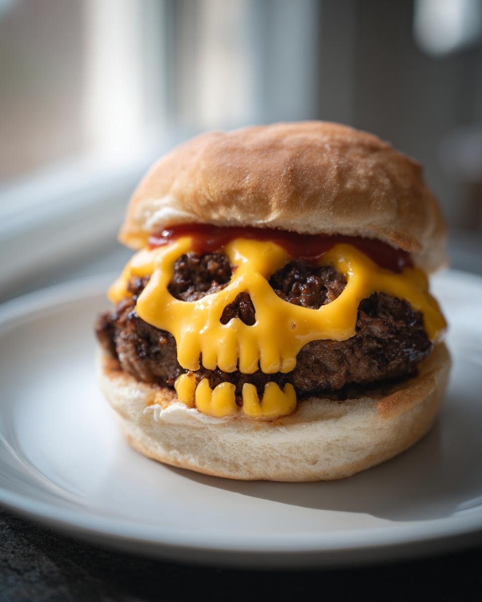 A close-up of a Halloween Cheeseburger Skull featuring melted yellow cheese cut into a skull shape over the patty.