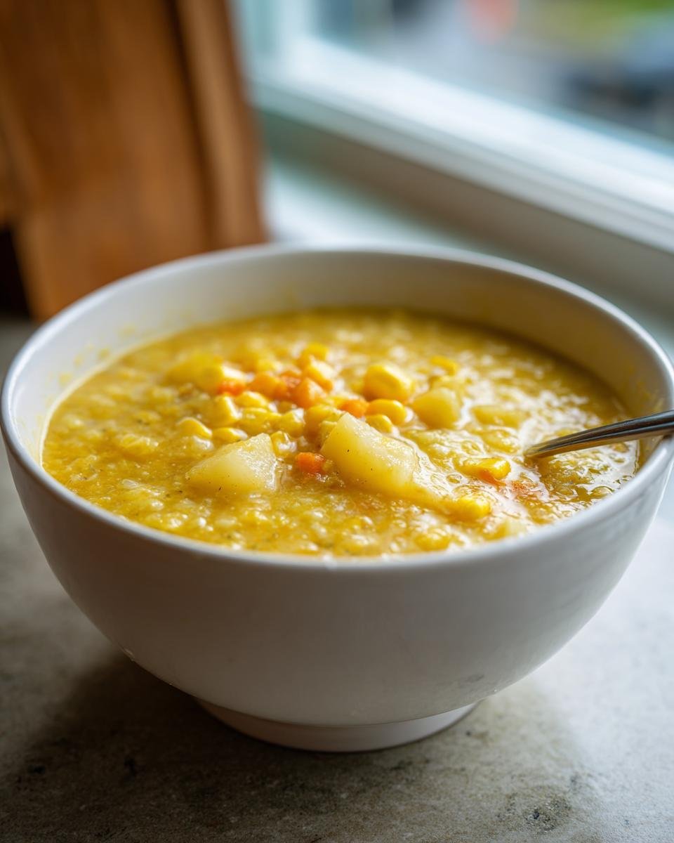 Close-up of a thick, creamy bowl of yellow Corn Chowder featuring visible chunks of potato and corn.