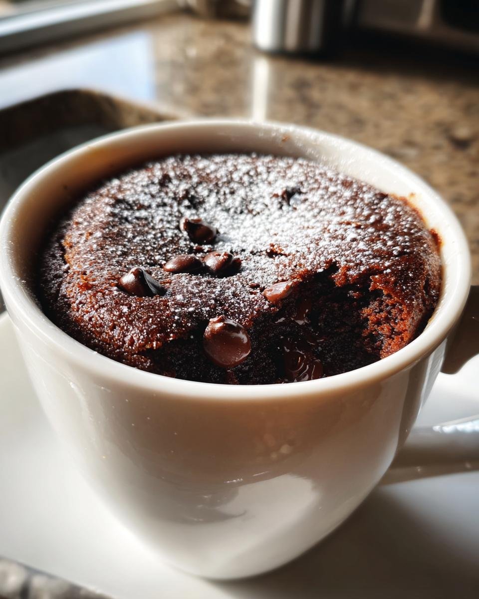 Close-up of a rich, dark Hot Cocoa Mug Cake topped with powdered sugar and chocolate chips in a white mug.