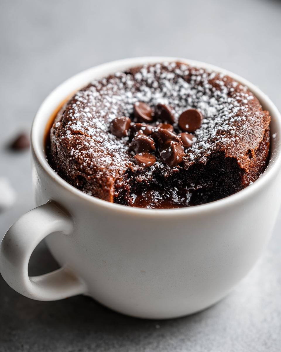 Close-up of a rich Hot Cocoa Mug Cake in a white mug, topped with chocolate chips and powdered sugar.