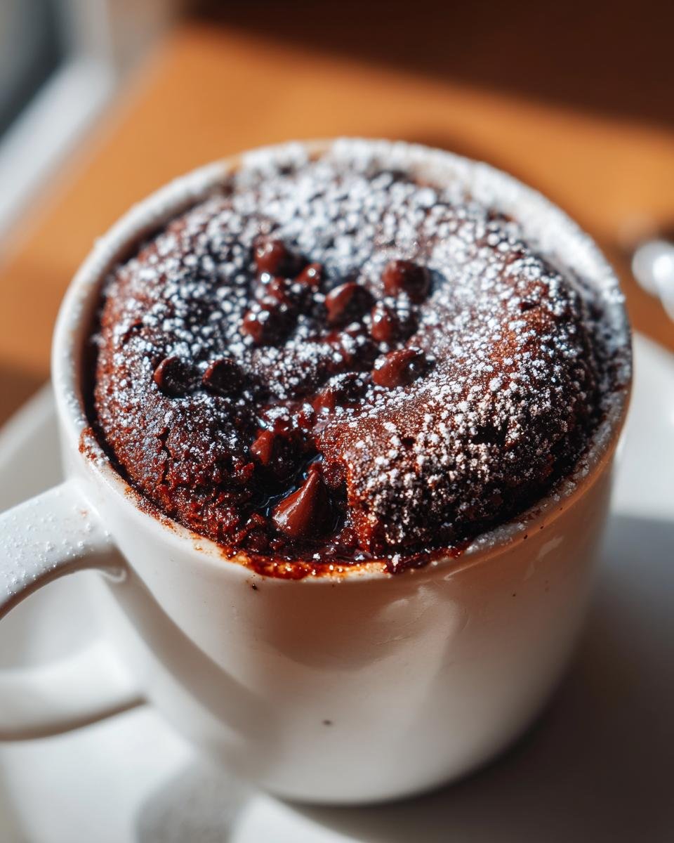 Close-up of a rich, dark Hot Cocoa Mug Cake topped with powdered sugar and melted chocolate chips.