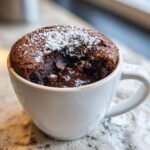 Close-up of a rich Hot Cocoa Mug Cake in a white mug, showing a molten chocolate center and powdered sugar dusting.