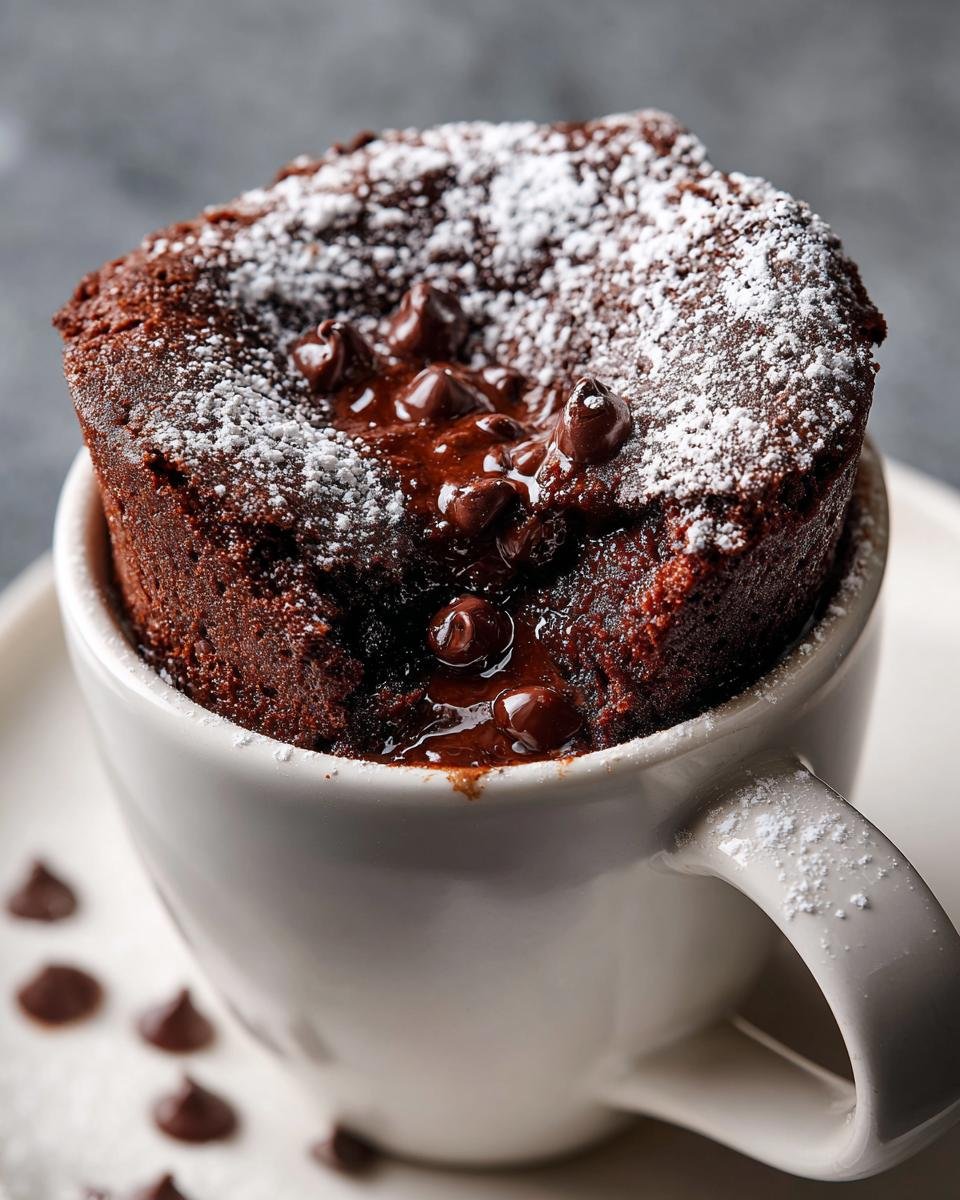 Close-up of a rich Hot Cocoa Mug Cake overflowing with melted chocolate chips and dusted with powdered sugar.