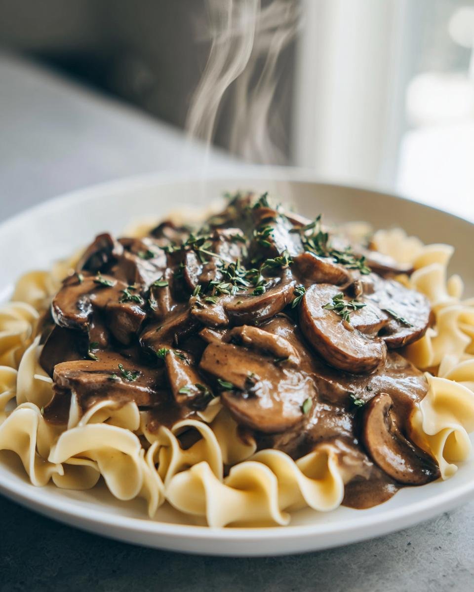 Close-up of hot Mushroom Stroganoff with creamy brown sauce and sliced mushrooms over egg noodles, garnished with thyme.