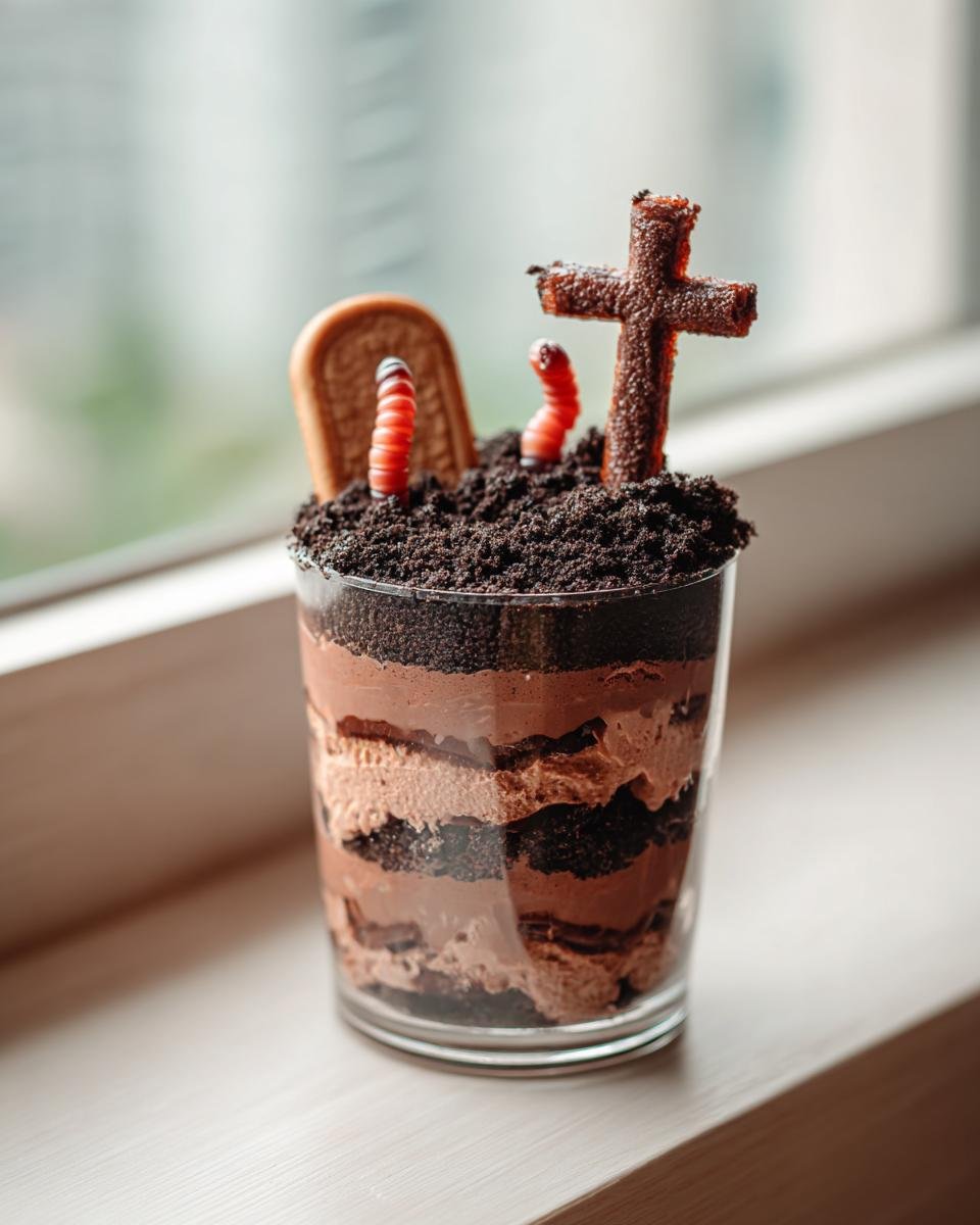 Close-up of an individual Graveyard Dirt Cake layered in a glass with cookie crumbs, chocolate mousse, gummy worms, and a cookie tombstone.