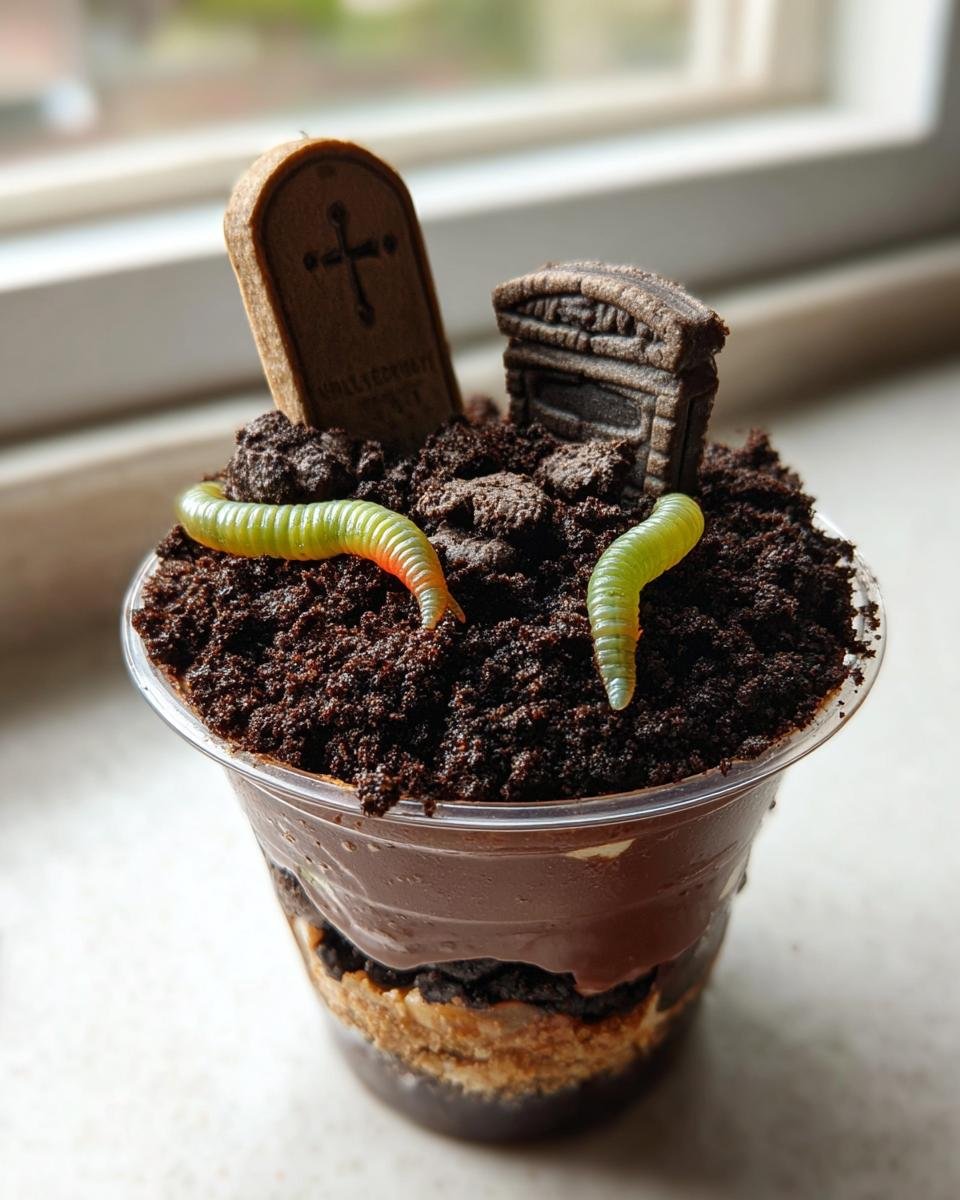 A single serving of Graveyard Dirt Cake in a clear cup, topped with crushed cookies, gummy worms, and cookie tombstones.