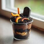 A single-serving Graveyard Dirt Cake in a clear cup, topped with crushed cookies, gummy worms, and a chocolate tombstone.