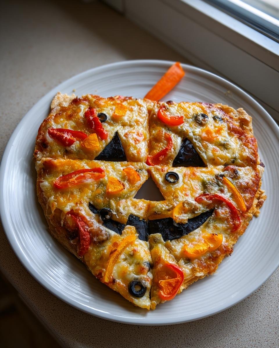 A finished Jack O Lantern Pizza cut into slices, featuring black olive eyes and mouth, and a carrot stem.