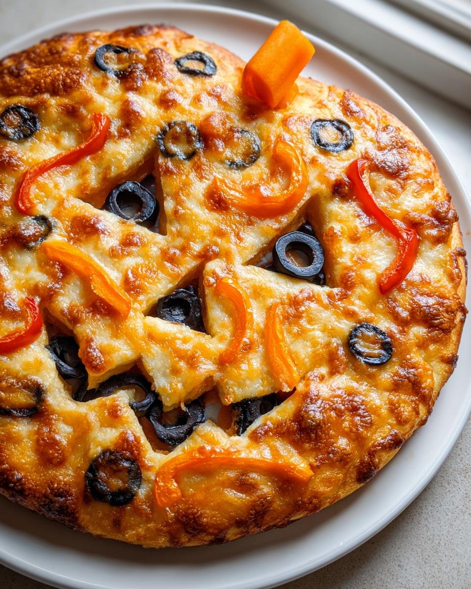 A fully baked Jack O Lantern Pizza decorated with melted cheese, black olives, and bell peppers.