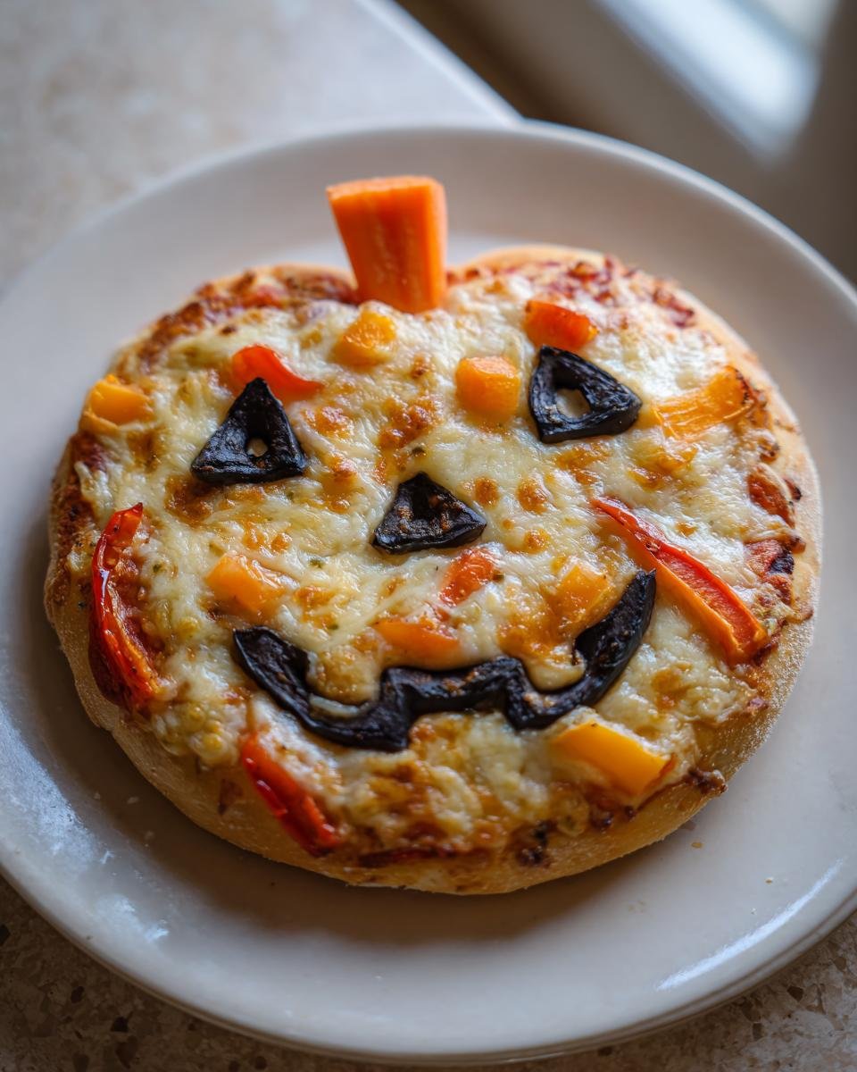 A small, round Jack O Lantern Pizza decorated with melted cheese, black olives for the face, and bell peppers on a white plate.