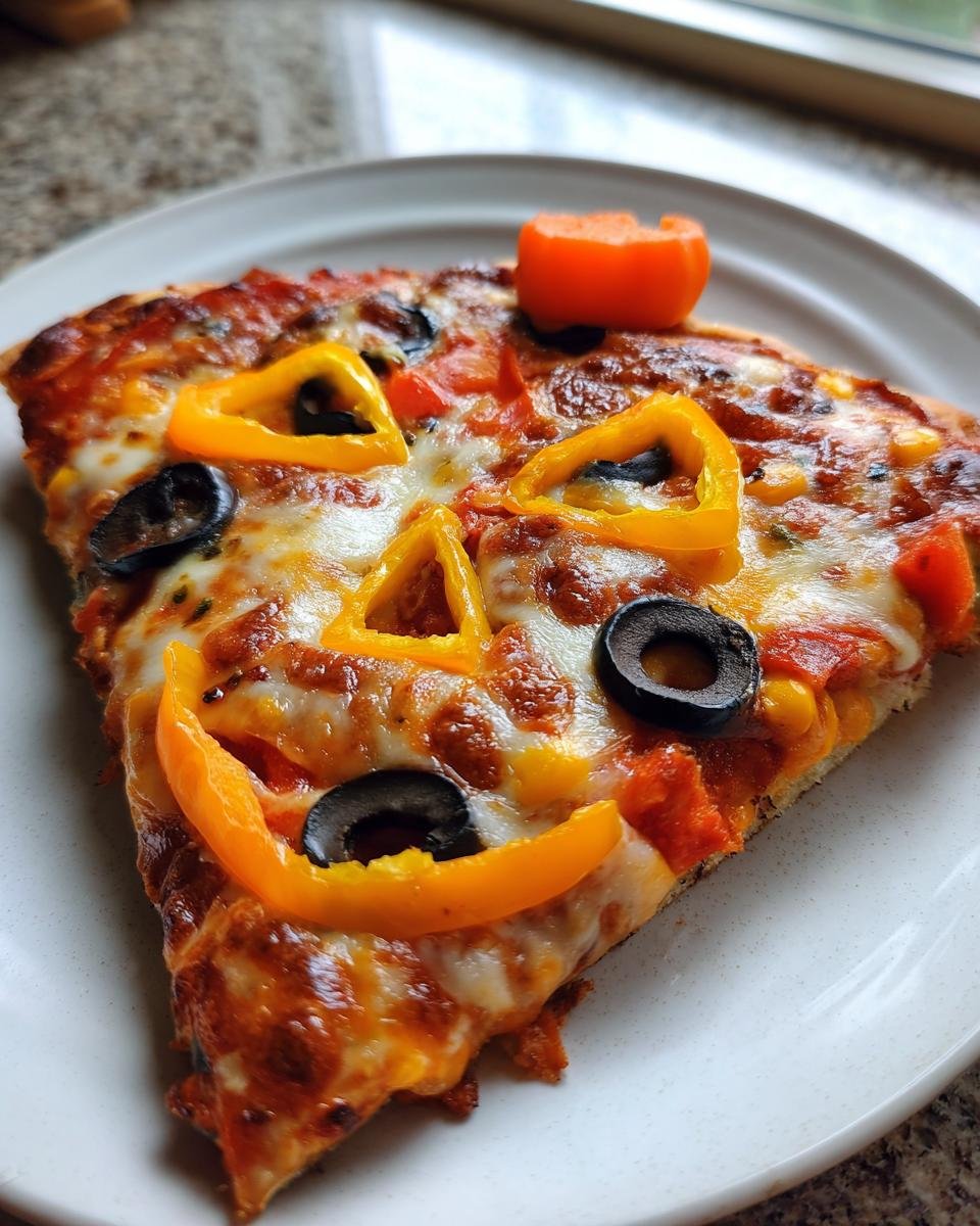 A slice of Jack O Lantern Pizza decorated with yellow pepper rings for eyes and a curved pepper slice for a smile.