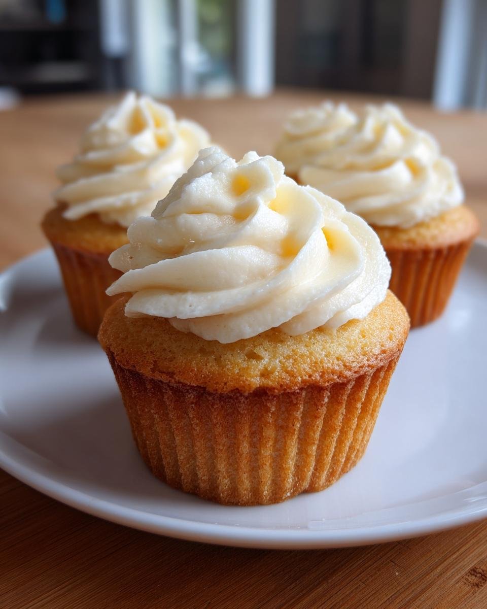 Close-up of three vanilla Keto Cupcakes topped with swirls of creamy white frosting on a white plate.