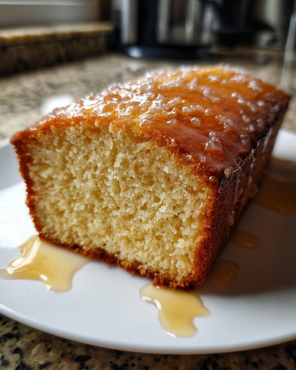 A close-up of a moist slice of Lemon Drizzle Cake topped with a glistening, sugary lemon glaze.