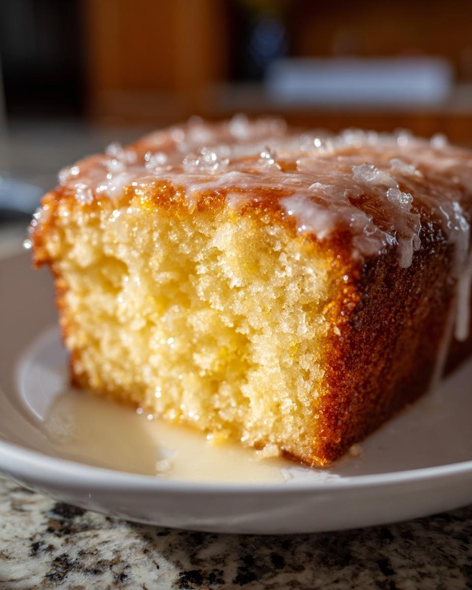 Close-up of a moist slice of Lemon Drizzle Cake showing the crumb structure, topped with white glaze and sugar crystals.