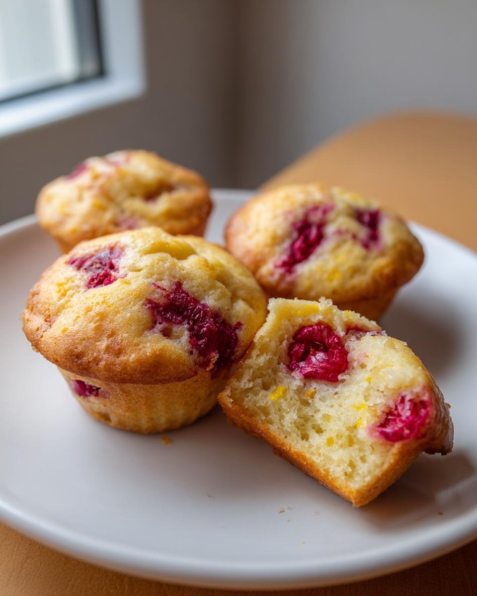 Four golden Lemon Raspberry Muffins on a white plate, one cut in half showing the moist interior and bright red raspberries.
