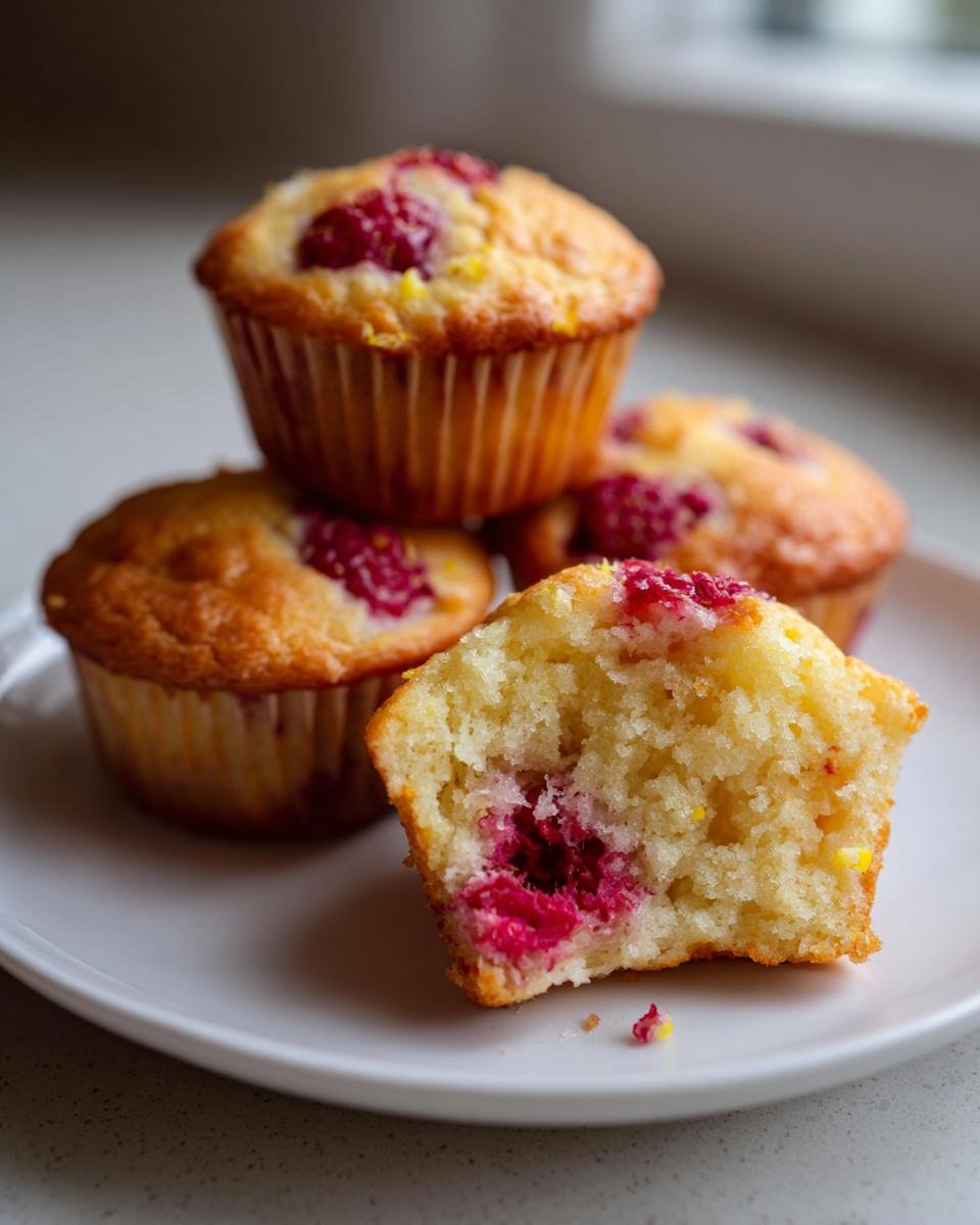 A stack of delicious Lemon Raspberry Muffins, with one muffin cut in half showing the moist interior and bright raspberries.