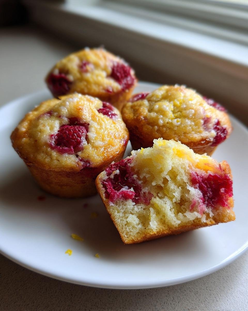 Close-up of three whole Lemon Raspberry Muffins and one halved muffin showing the bright red raspberry filling.