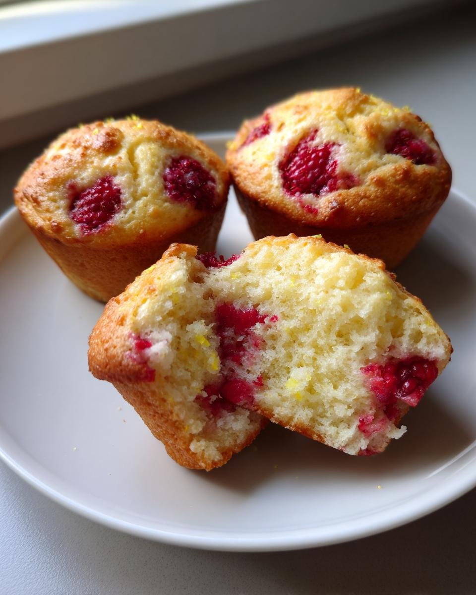 A close-up of three Lemon Raspberry Muffins, one broken open to show the moist interior with bright red raspberries.