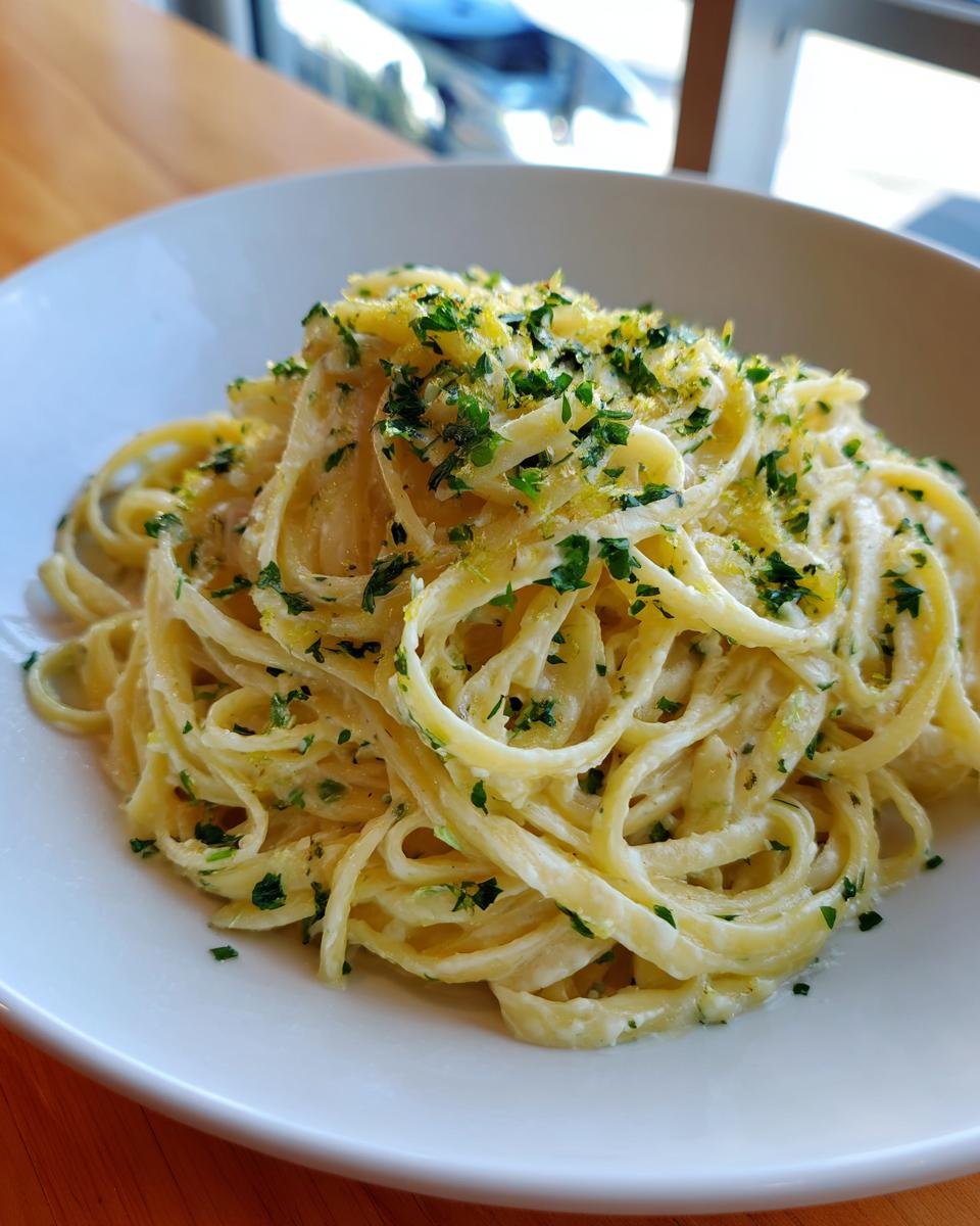 Close-up of a bowl of creamy Lemon Ricotta Pasta garnished heavily with fresh parsley and lemon zest.