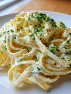 A close-up of creamy Lemon Ricotta Pasta tossed with fresh parsley and lemon zest on a white plate.