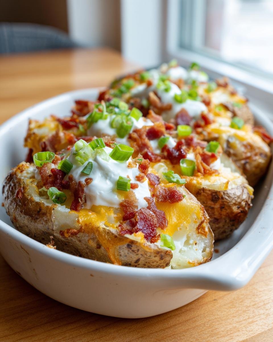 Close-up of several loaded Mississippi Mud Potatoes topped with cheese, sour cream, bacon, and green onions.