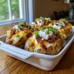 Four loaded Mississippi Mud Potatoes topped with melted cheese, sour cream, bacon bits, and green onions in a white dish.