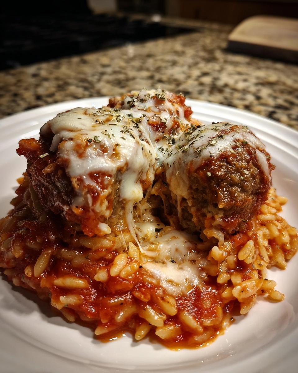Close-up of a serving of Meatball Parm Orzo topped with three meatballs covered in melted mozzarella and herbs.