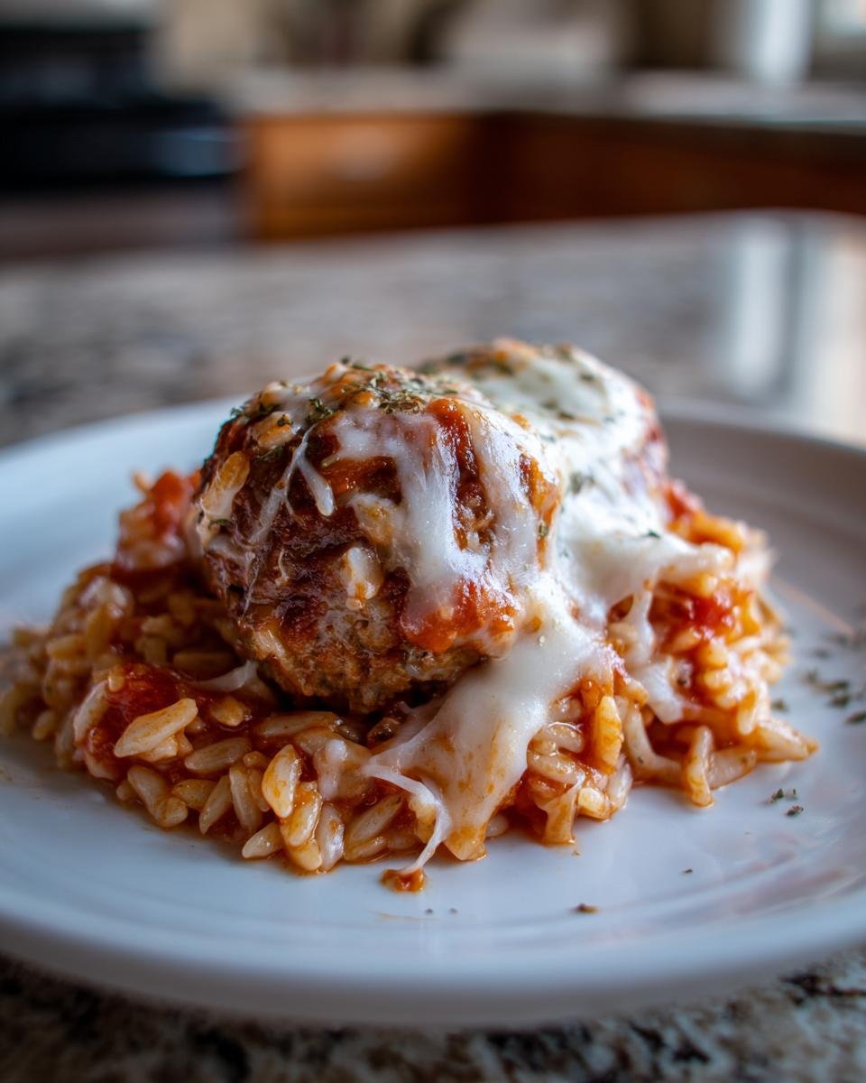 A single serving of Meatball Parm Orzo featuring a large meatball topped with melted mozzarella and tomato sauce over orzo pasta.
