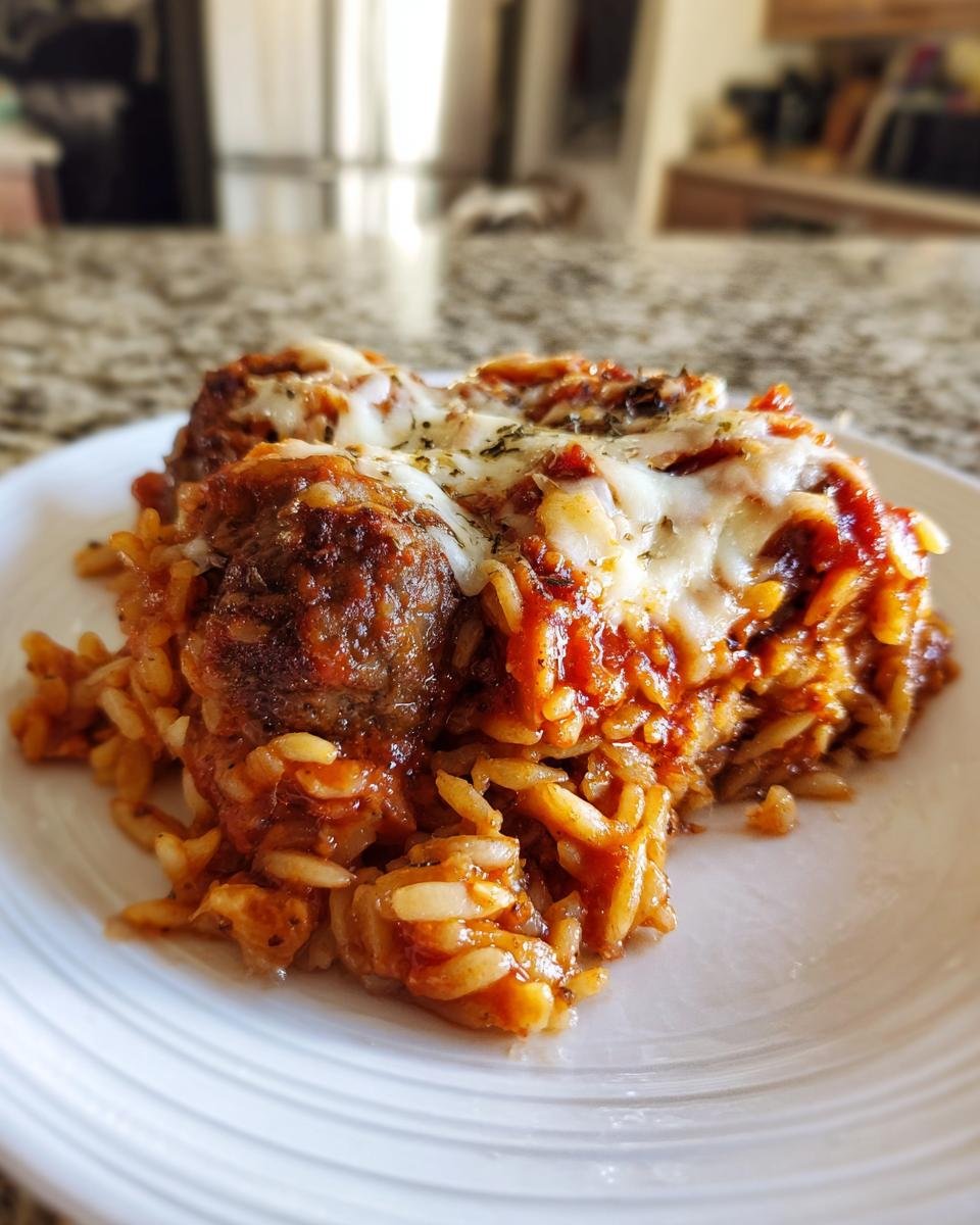 A close-up serving of Meatball Parm Orzo topped with melted mozzarella cheese and herbs on a white plate.