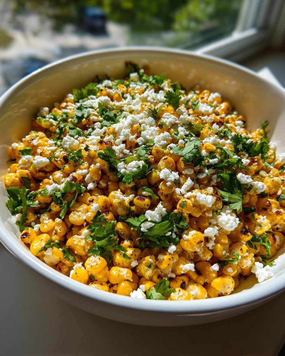 Close-up of a white bowl filled with Mexican Street Corn Salad, topped with crumbled white cheese and fresh cilantro.