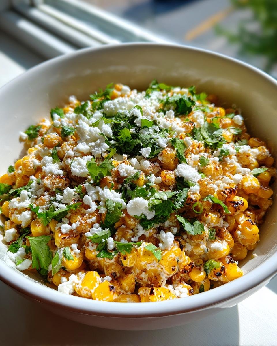 Close-up of a white bowl filled with grilled Mexican Street Corn Salad, topped generously with crumbled Cotija cheese and fresh cilantro.