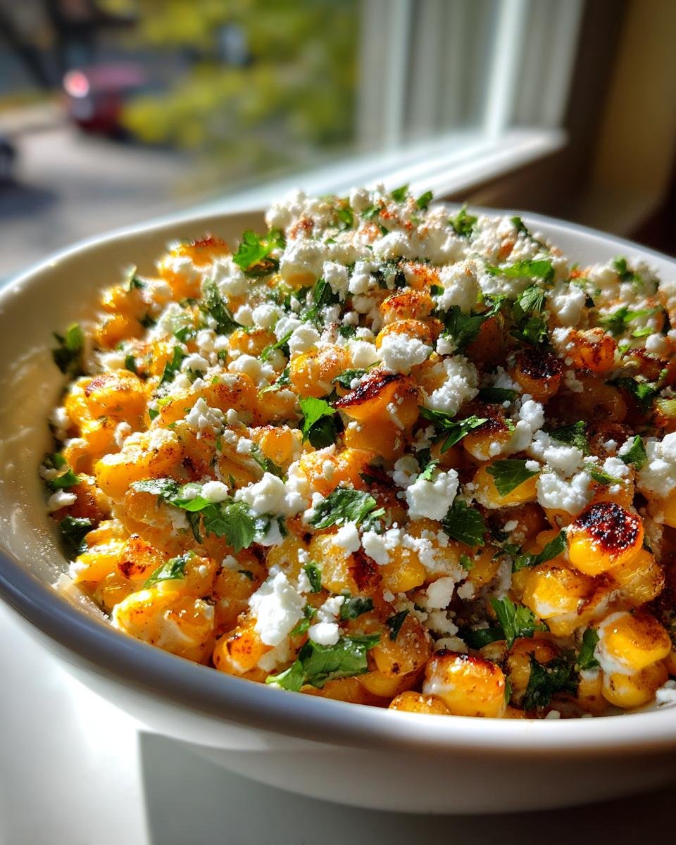 A close-up of vibrant Mexican Street Corn Salad topped with crumbled white cheese and fresh cilantro.